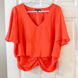 Melanie Lyne Orange V-Neck Ruched Blouse Size 10 21" PTP Smocked Romantic Chic